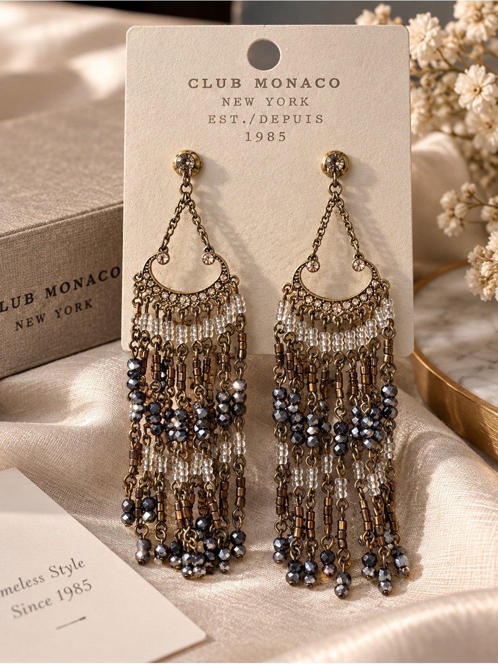 Club Monaco Gold and Black Beaded Fringe Drop Earrings